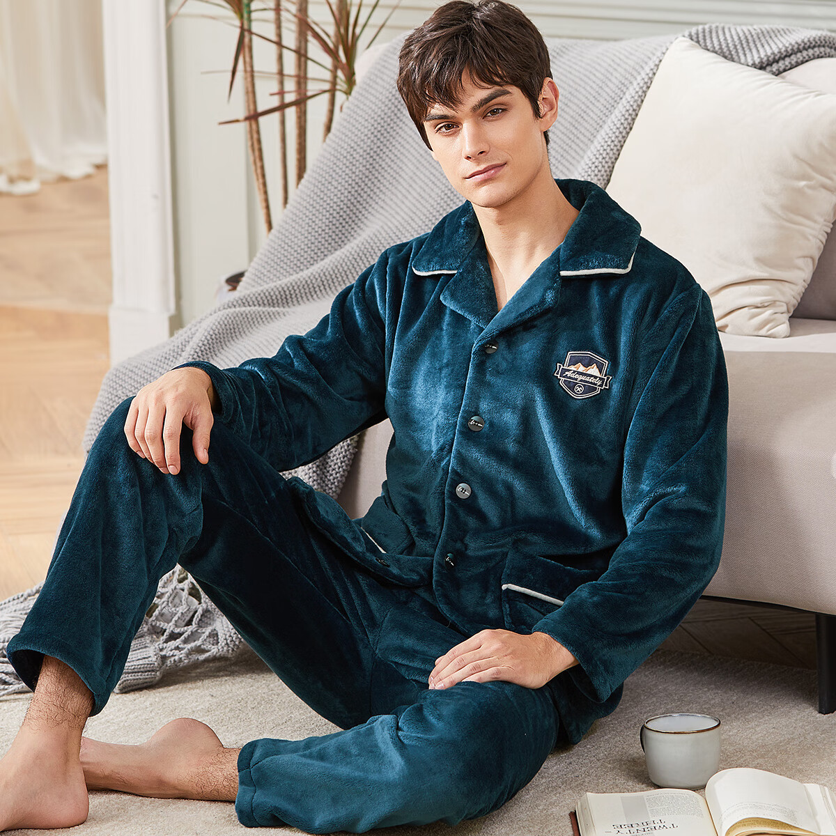 玛伦萨男士秋冬加绒睡衣套装简约时尚可外穿翻领家居服 墨绿 L