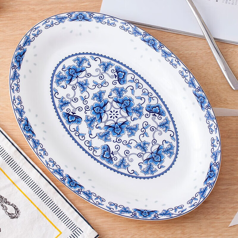 瓷毅雅堂 景德镇陶瓷鱼盘家用盘子菜盘微波炉适用12英寸青花瓷缠枝