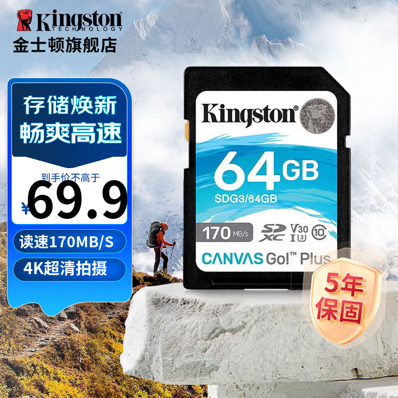 Kingston 金士顿 SD存储大卡 高速佳能相机单反微单内存卡  class10 U3 V30 170M/S SDG3/64G