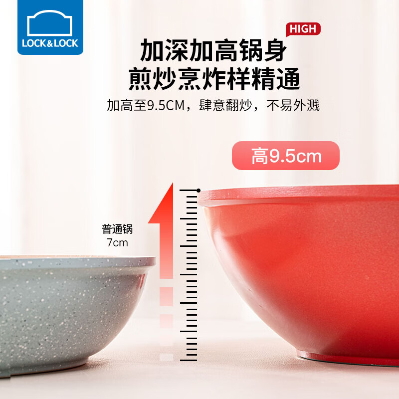乐扣乐扣(LOCK&LOCK) 陶瓷不粘炒锅不粘锅 炒菜锅平底少油烟燃气电磁炉通用 红色【升级款】+硅胶铲 30cm 【带锅盖】