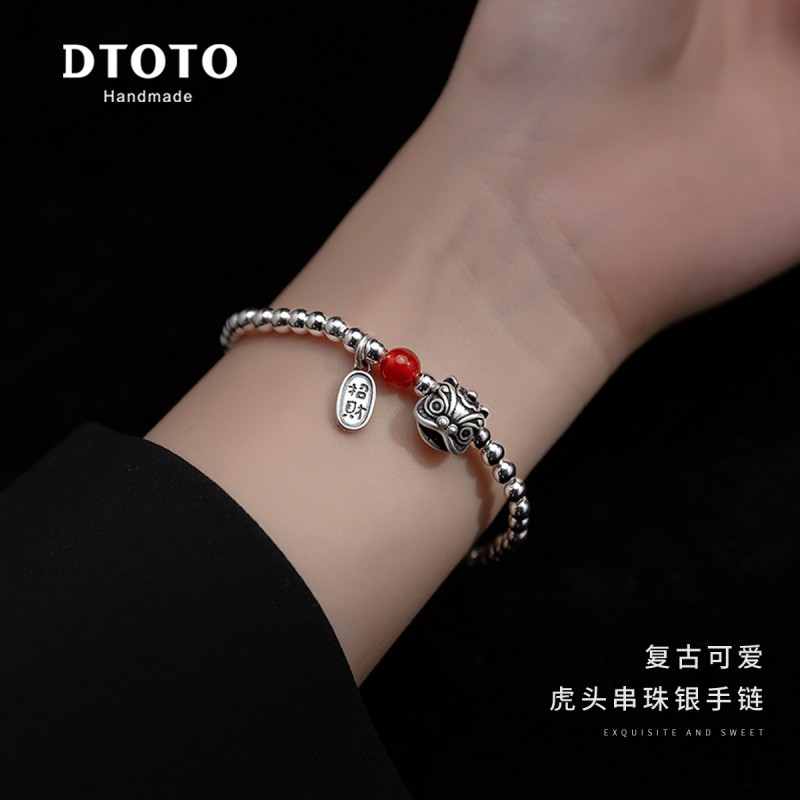 dtoto本命年999足银醒狮手链复古国风转运珠首饰送女友新年生日礼物