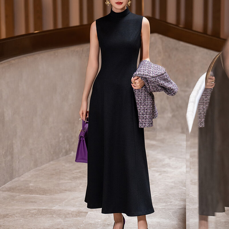 释首尚格释2024冬季新款黑色无袖立领a摆羊毛针织毛呢修身连衣裙女
