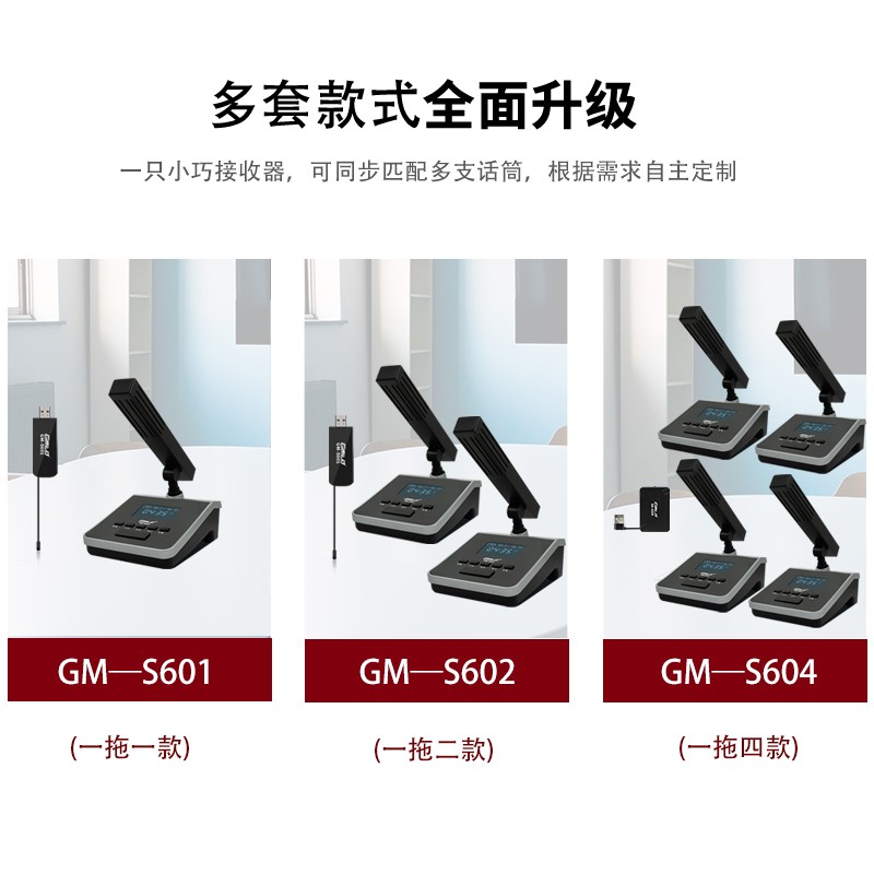 Gmtd 金迈视频会议麦克风无线话筒电脑USB专业远距离收音鹅颈台式方管短杆电容麦网络教学考研面试 GM-S601一拖一