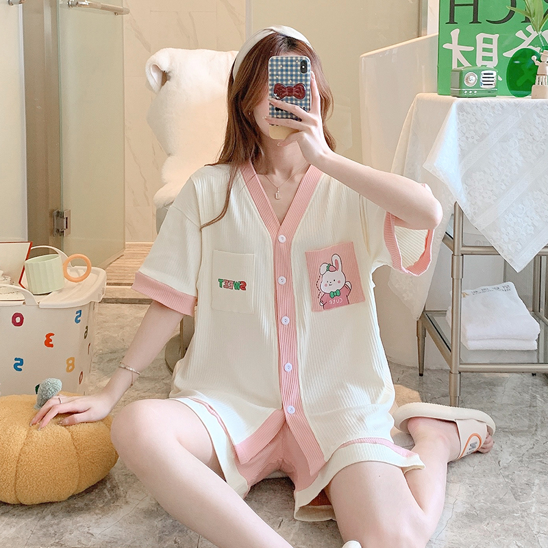 孕妇睡衣夏季薄款短袖两件套怀孕期月子服产前产后哺乳喂奶套装 28 m