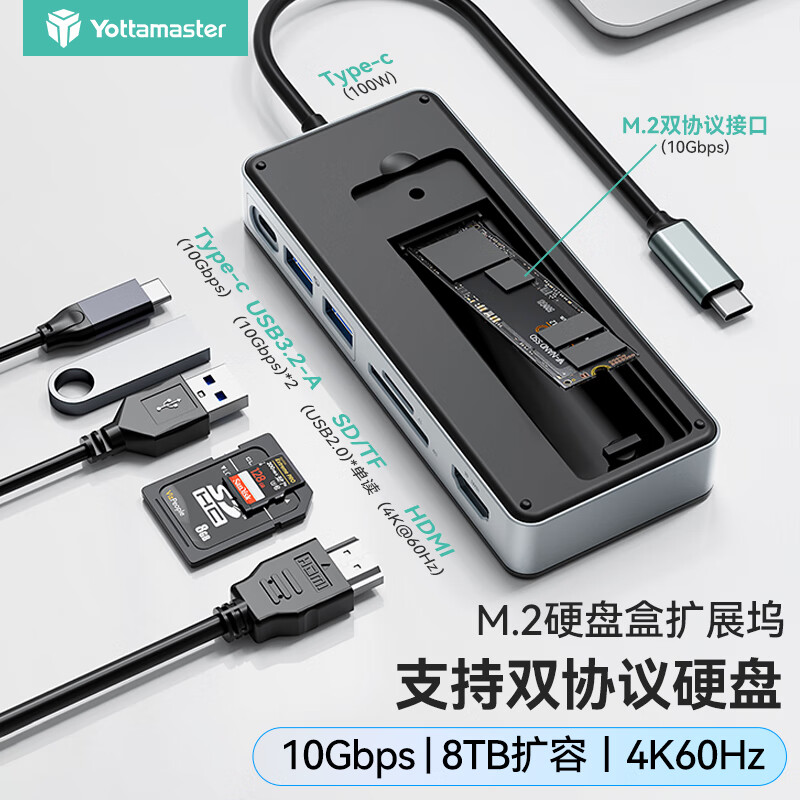 尤达大师（Yottamaster） M.2硬盘盒扩展坞NVMe/SATA双协议固态硬盘盒拓展坞USB3.2分线器适用苹果