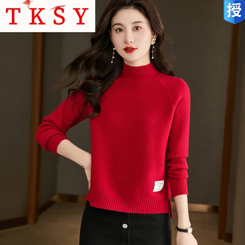 tksy羊毛衫女红色本命年打底衫半高领宽松短款小个子针织毛衣厚 红色
