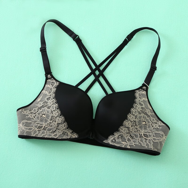 文胸夏季薄款交叉肩带前开扣美背文胸蕾丝性感无钢圈聚拢上托文胸内衣