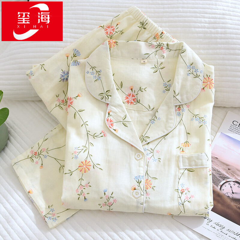 睡衣女2022年新款小碎花纱布双层甜美春季秋天全棉长袖家居服 米白色