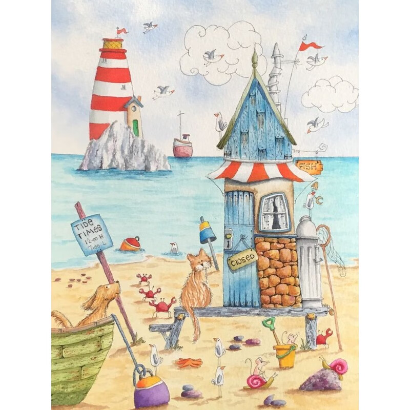 艺幻现代艺术客厅海边风景装饰画卡通海滩建筑灯塔纯手绘油画小众挂画