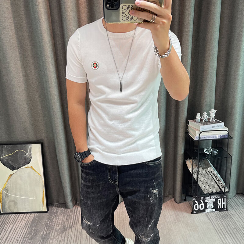 LUO ELEMENT短袖毛衣男春夏新款男士半袖针织衫上衣半截袖打底衫男士短袖内搭 白色 M85~105斤