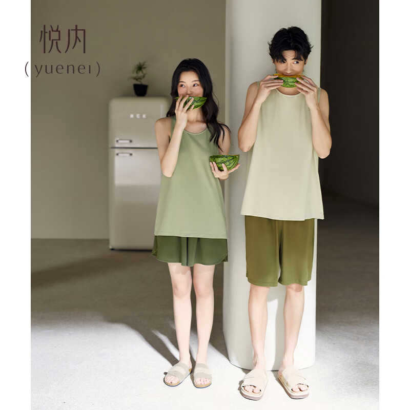 悦内情侣睡衣女夏季无袖背心短裤纯棉家居服夏款男薄款休闲可外穿套装 B23149橡果绿【带胸垫】 女款 M (男90-110斤/女90-110斤)