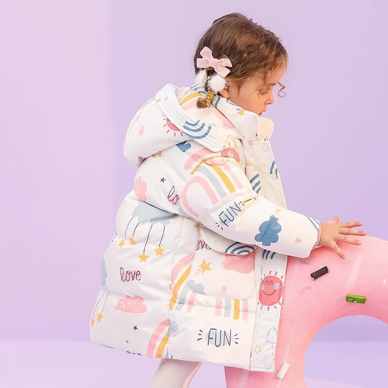 康博女童羽绒服中长款2024新款洋气韩版加厚冬季儿童女孩宝宝保暖外套 米白色 130