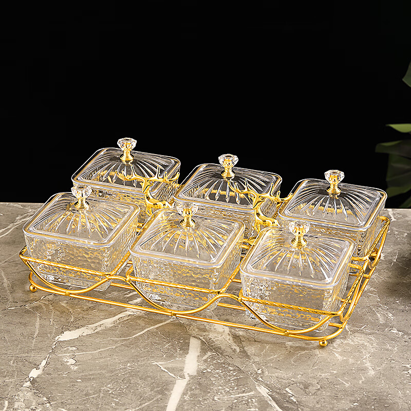 妙乐熊灰色玻璃干果盘零食盒点心盘小吃盘豪华高级感拼盘小吃盒 6格