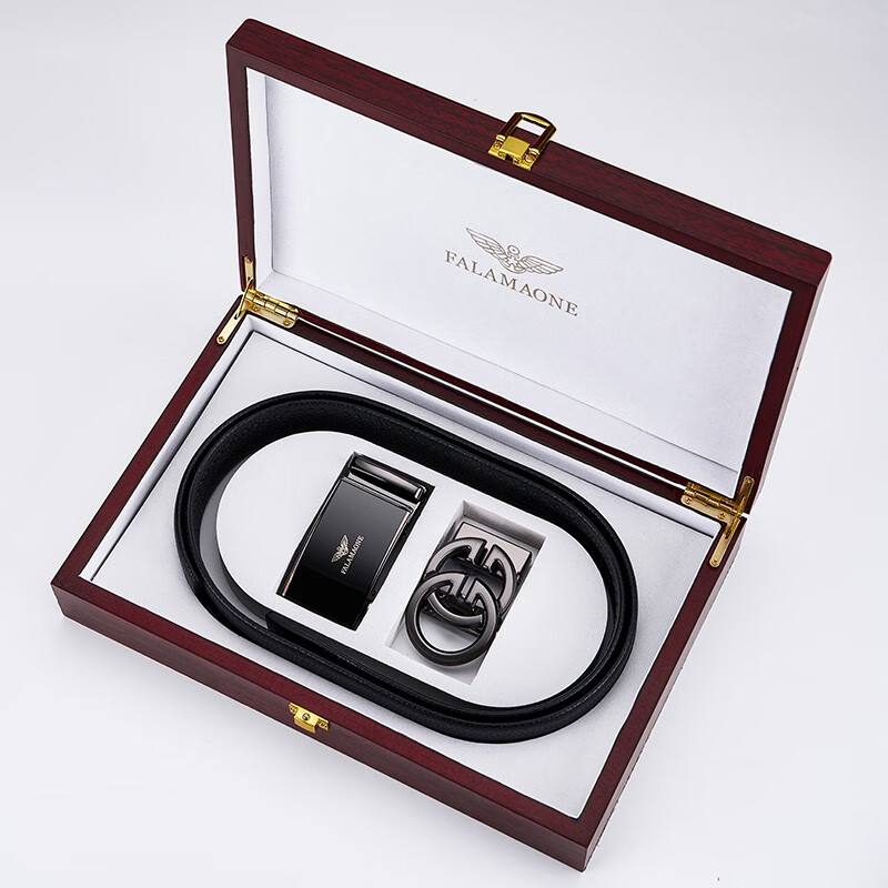 FALAMAONE法莱阿玛尼皮带双扣头真皮自动扣腰带牛皮高档生日礼物送男友爸爸 双扣头高档套装/PD807Q+PD823Q 110cm -140cm默认随机（可修剪）