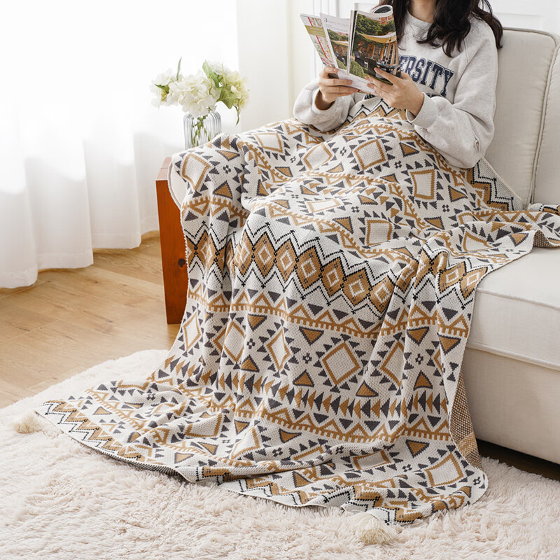OLIVER TEXTILES波西米亚毯沙发盖毯午睡毯加厚针织毯披肩毯民族风搭毯民宿床尾毯 米色 127x152cm