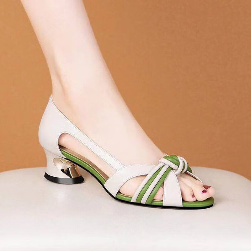 守图夏天高跟凉鞋露脚透气女士外穿显高涼鞋鱼嘴粗跟女拼色时尚百搭露