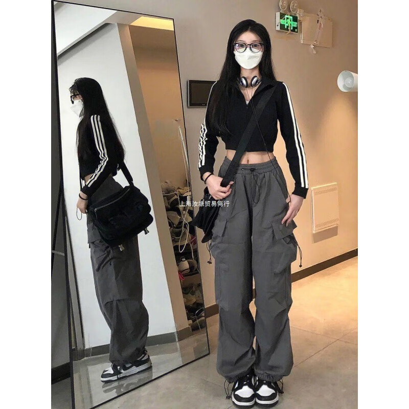 美式复古hiphop嘻哈工装裤女直筒宽松高腰显瘦多口袋运动休闲裤子 灰色 【斜纹原版面料】 S(建议70-95斤)