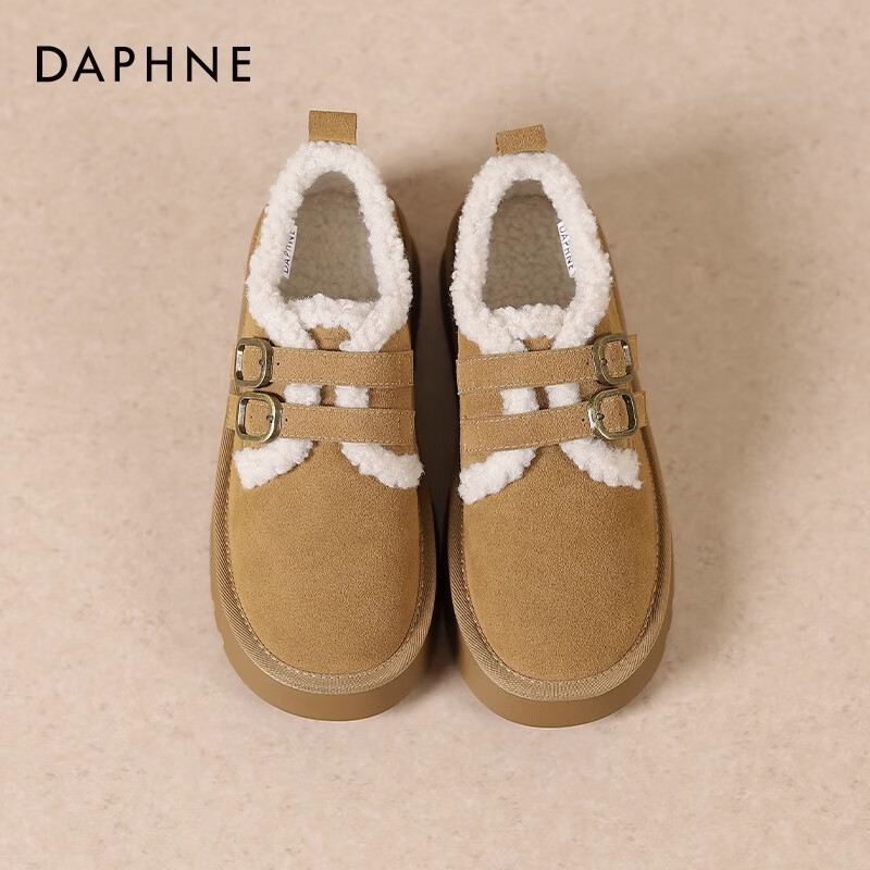 达芙妮加绒勃肯鞋女秋冬2025新款厚底增高保暖棉鞋松糕复古雪地靴女LP 卡其色【双排扣-跟高4cm】 40