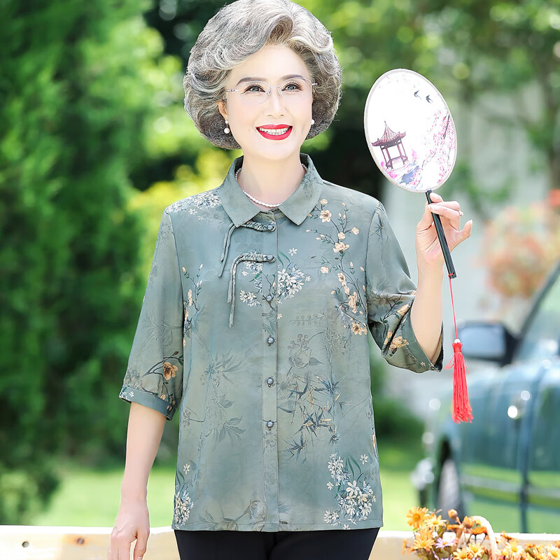 款太太寸上衣服70岁80奶奶装套装 浅绿色 中袖上衣 l 建议75-95斤穿