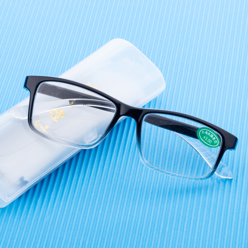 高清水晶玻璃老年人看书画画手机电脑老光眼镜 黑色 水晶玻璃100度
