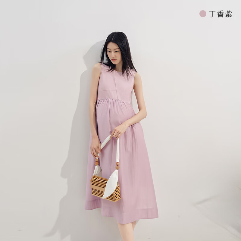 Sellynear孕婦裝夏款新款連衣裙時尚簡約針織透感無袖背心裙 丁香紫 L
