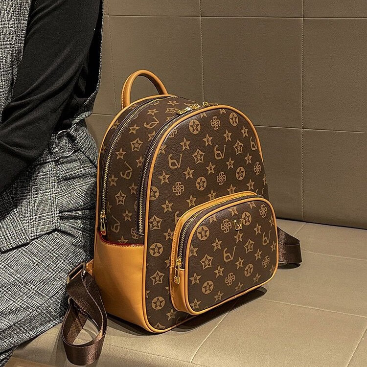 酷奇袋鼠包包真皮老花女包大容量双肩包包女2024新款时尚旅行通勤小众背包 咖啡色