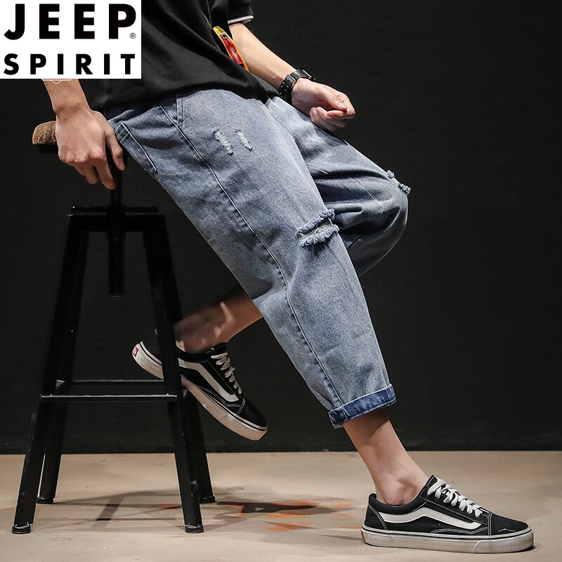 吉普(jeep)夏季日系破洞牛仔七分裤男士加大码宽松韩版潮流胖子7分裤