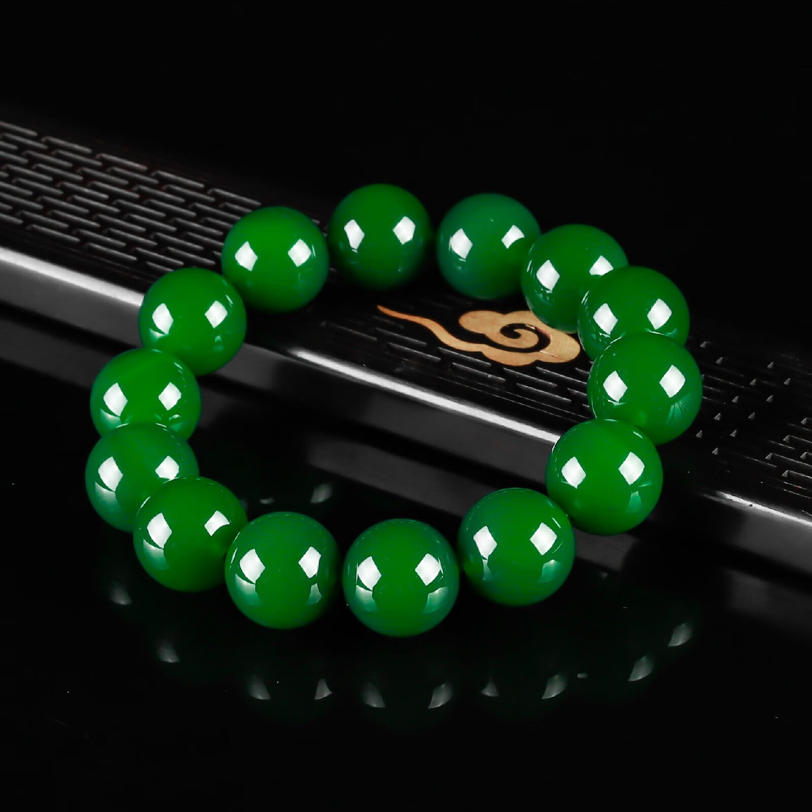 仙来阁 天-然玉髓手串冰种满绿绿圆珠玛瑙手链卡14mm男女礼物送礼