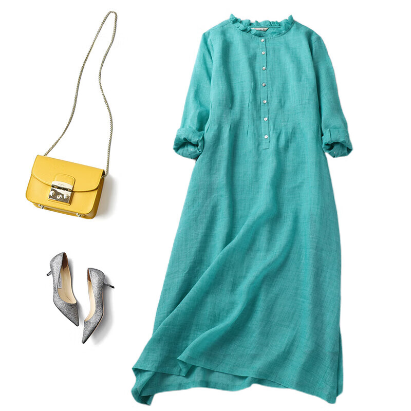 万象更新仙女裙子新款森林系苎麻女装文艺长裙七分袖木耳连衣裙 青色