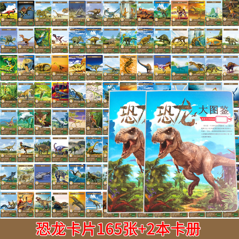 三角龙侏罗纪儿童纸牌早教百科玩具 不重复恐龙卡片165张 2本卡册