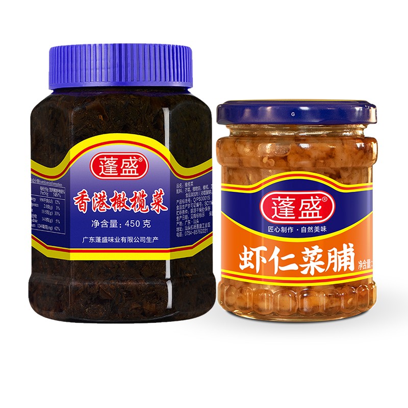 蓬盛官方 下饭菜2瓶组合装 早餐小菜白粥配菜橄榄菜450g大瓶虾仁菜脯