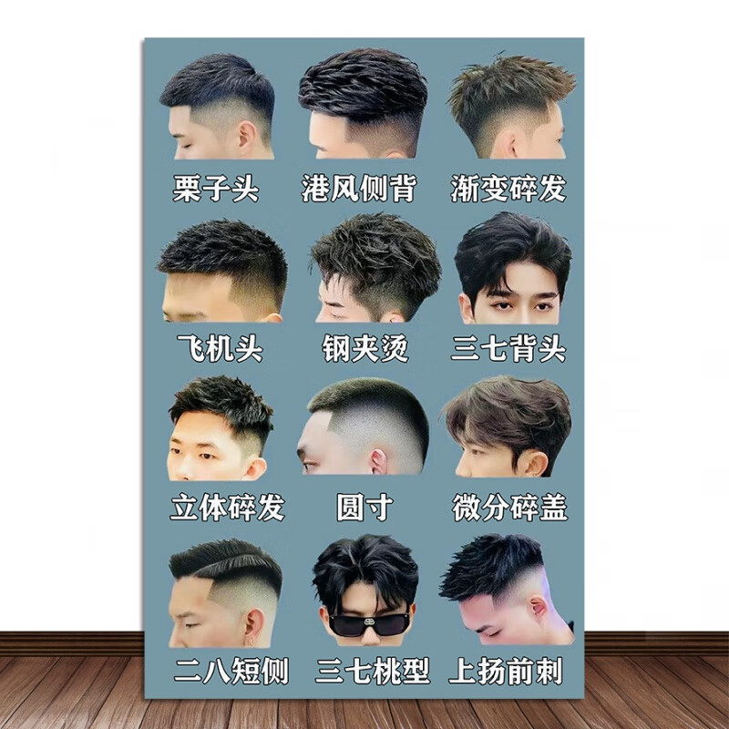 金格羽流行发型海报 男士发型图片理发店自粘画美发店装饰画新潮发廊墙 浅绿色 29 背胶贴画(背面撕开粘贴) 28*42CM