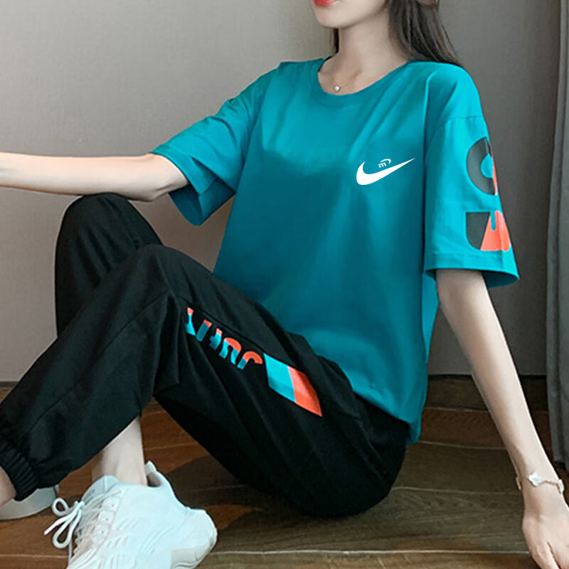耐克运动套装纯棉女士夏季薄款时尚休闲两件套跑步潮气质胖mm大码a