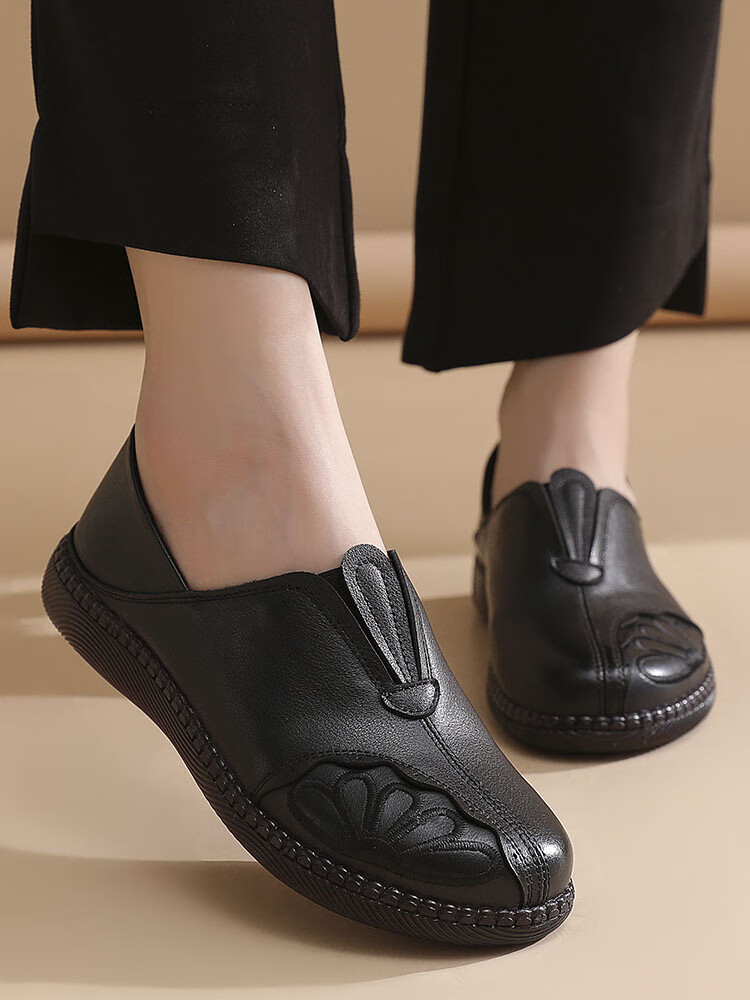 北杳牛筋底女软皮真皮鞋民族风妈妈鞋软底舒适宽脚中老年单鞋女鞋