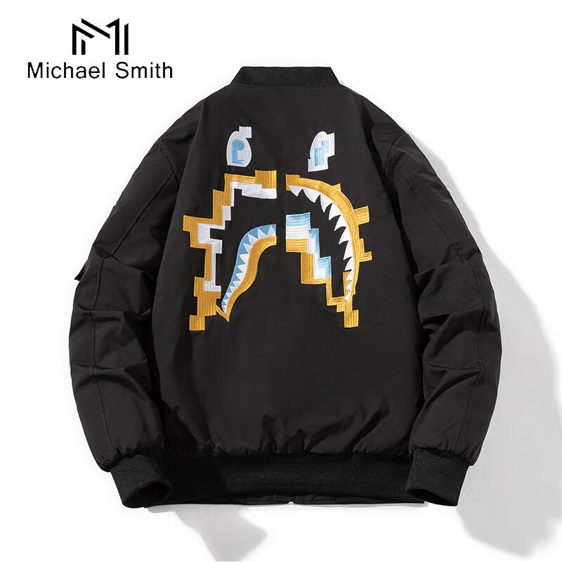 michael smith潮牌刺绣棒球服欧美风秋冬加厚飞行服夹克鲨鱼刺绣潮男