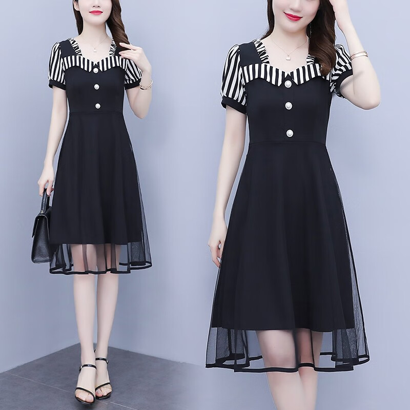 薇洛萱(weiluoxuan)女装2024夏季新款连衣裙条纹网纱拼接气质洋气显瘦