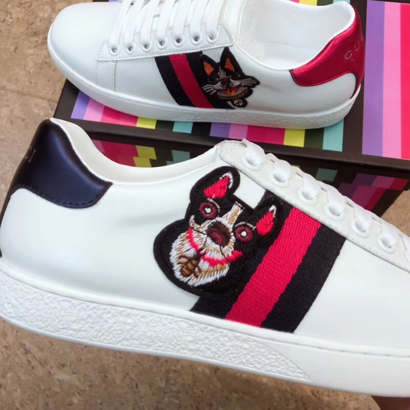 酷奇古新款g驰真皮板鞋男刺绣卡通小白鞋平底系带休闲鞋情侣款 古驰图