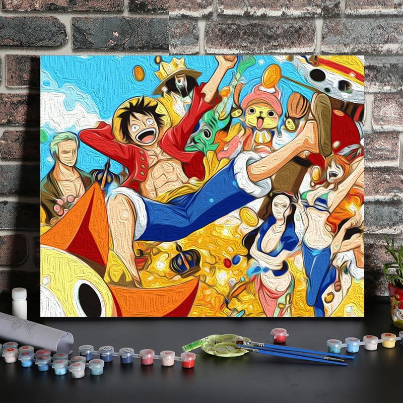 者自己填色数字油画diy儿童卧室装饰海贼王手工油彩绘画 草帽团两年后