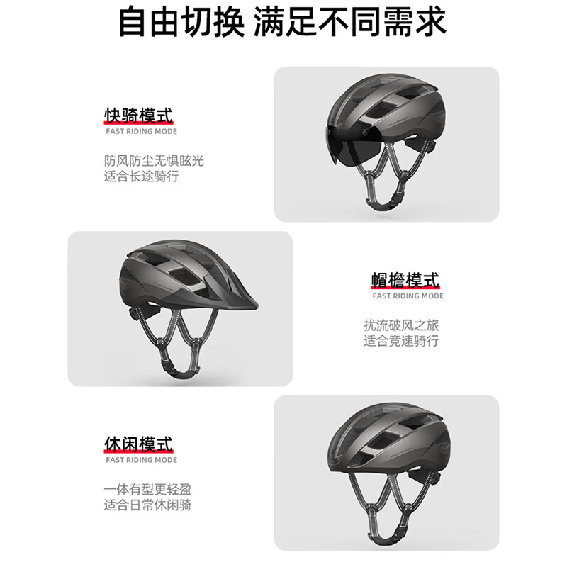 迅霆(XUNTING)骑行头盔自行车山地公路车男女夏季透气一体成型带风镜帽檐安全帽 矿石黑【帽檐+茶镜】