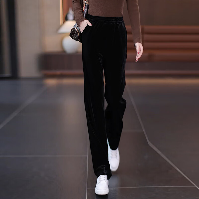 逸陽（ESE-Y）高級感金絲絨闊腿褲女2024春秋季新款松緊腰寬松顯瘦直筒休閑褲子 黑 色 26/S 建議80-95斤