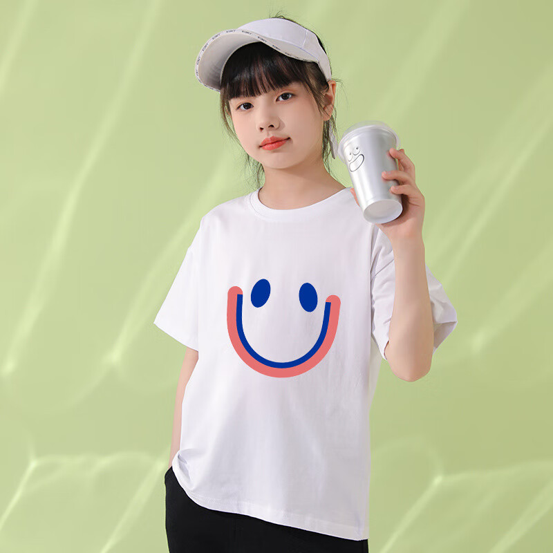 山鸥2024夏新款2粉紫笑脸短袖小女孩休闲短袖冰丝棉t恤kjt 粉紫笑脸