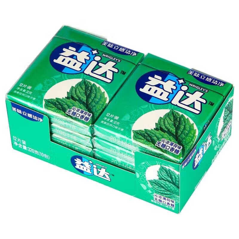 綠箭10包益達無糖口香糖12片裝木糖醇清新口氣清爽薄荷糖辦公室小零食 【10盒120片】清爽薄荷味
