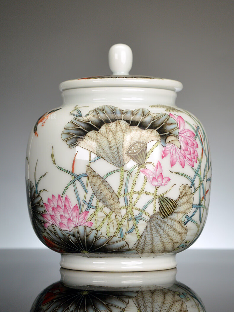 煙波致爽閣烟波 景德镇春风祥玉 邹俊窑制款 粉彩珐琅彩 荷花 茶叶罐