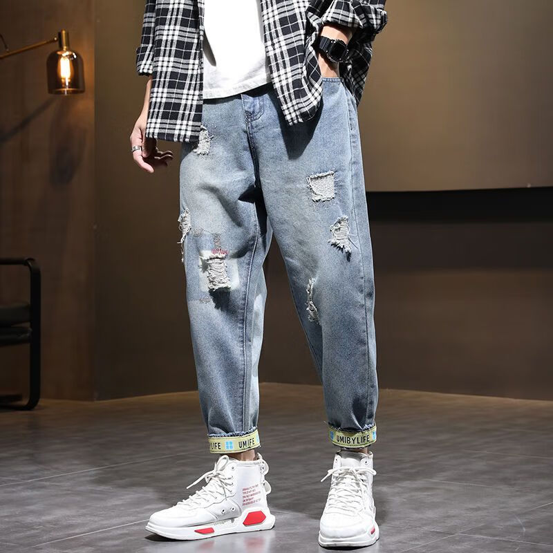 tnwtyo夏季破洞九分牛仔裤男士乞丐裤子破洞牛仔裤男宽松直筒九分裤子