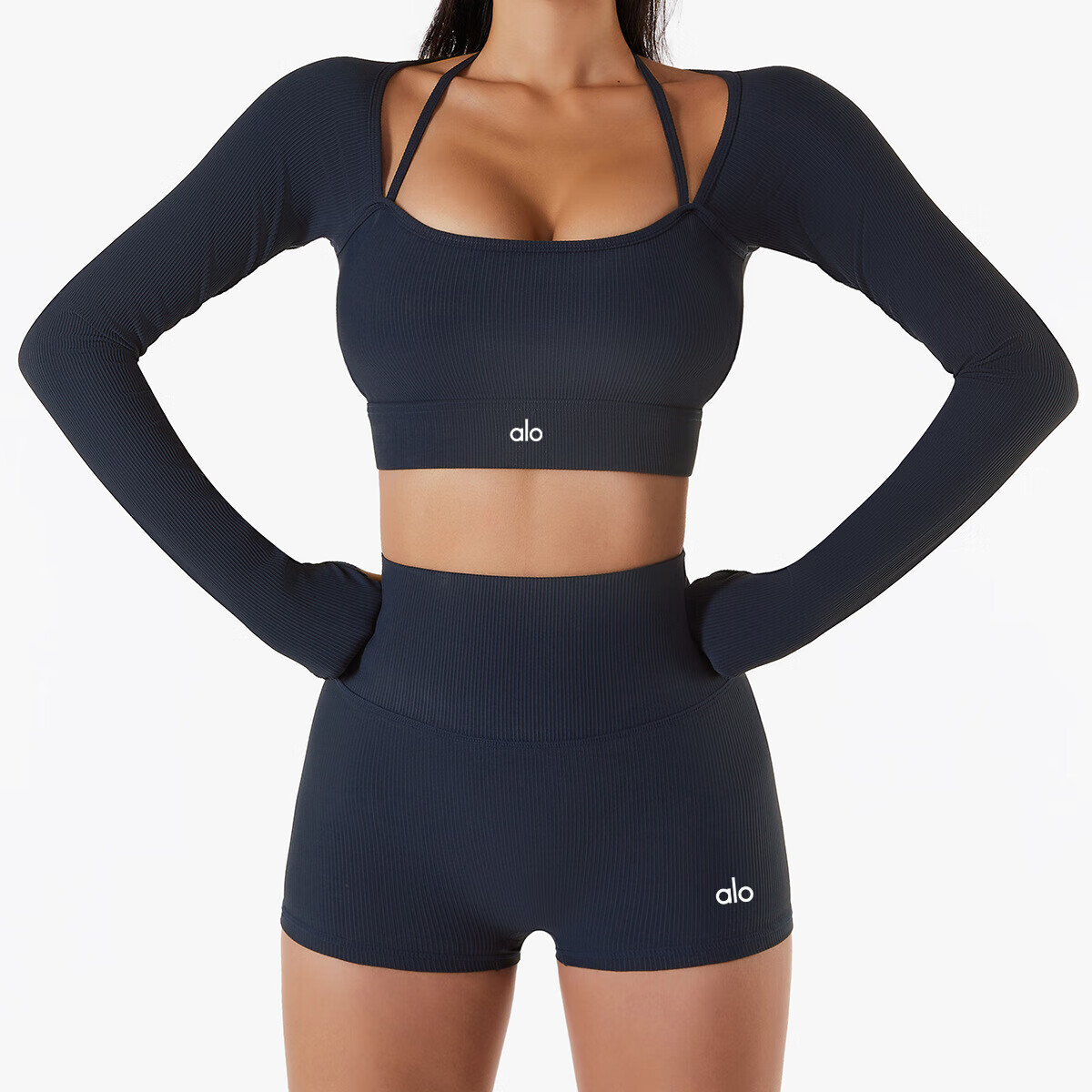 ALO YOGA长袖瑜伽服上衣T恤女带胸垫运动速干健身服春秋训练外穿 徽章蓝 M