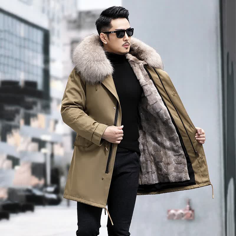 SH派克服男2023狐狸毛领水貂毛内胆貂皮大衣皮毛一体中长款皮草外套 中长款卡其色外壳灰色水貂毛内胆 M怎么看?