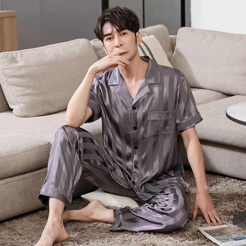 rindu男士真丝睡衣夏季短袖桑蚕丝家居服长裤条纹薄款大码父亲节送