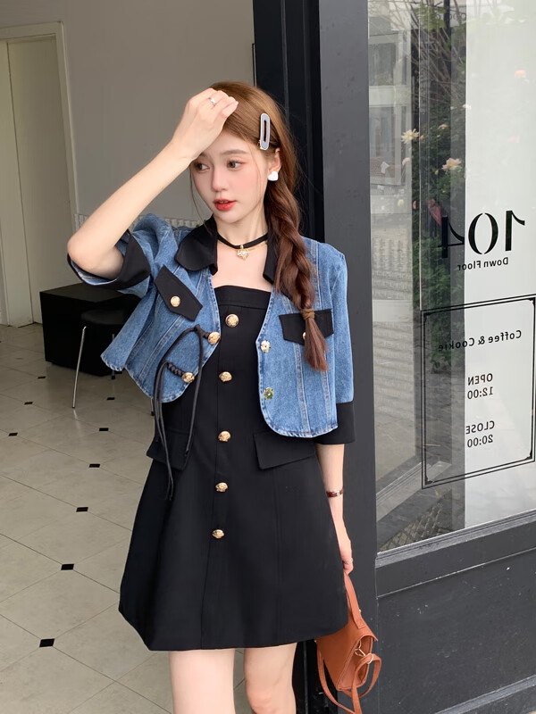 恒源祥夏季新款连衣裙品牌女装复古短袖牛仔上衣套装港风显瘦吊带两潮