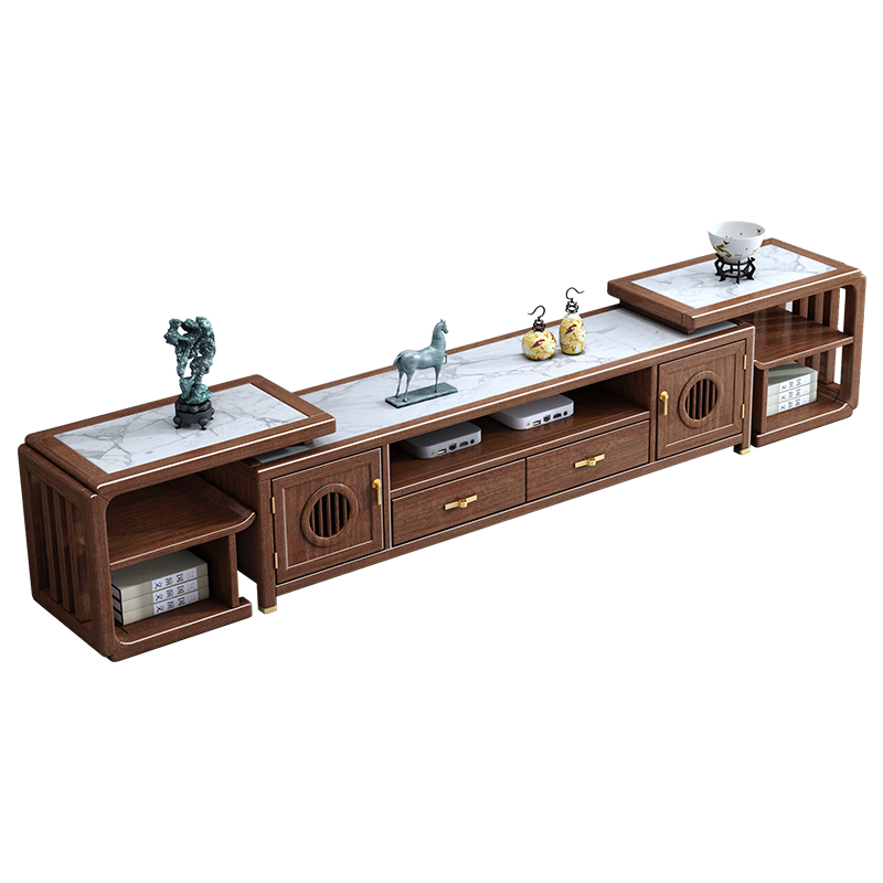 別致木語新中式實(shí)木電視柜茶幾組合胡桃木客廳小戶型伸縮地柜巖板電視柜子 巖板伸縮電視柜+1.28米茶幾/405