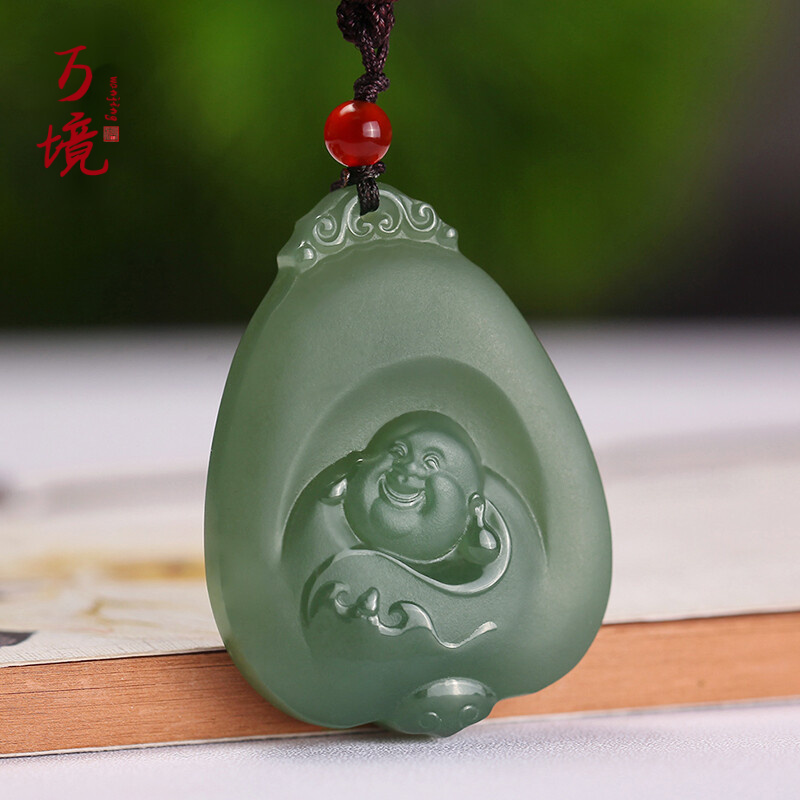 万境 和田玉青玉 弥勒佛吊坠 天然玉石女款笑佛玉坠 佛公玉牌礼物520